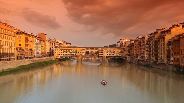 Time-lapse of Ponte Vecchio at sunset, Florence, Tuscany, Italy.