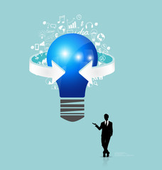 Businessman showing light bulb with cloud of application. Vector