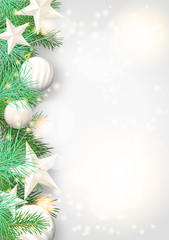Christmas background with green branches and white ornaments