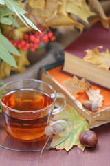 Still life with tea, books and autumn leaves