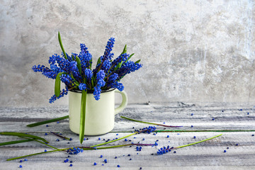 Still life bouquet spring flowers blue