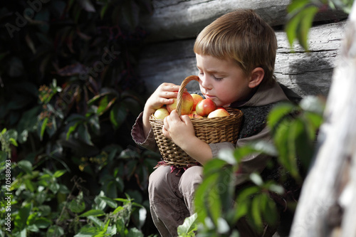 boy with a basket in her arms chooses apple