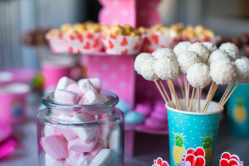 Marshmallow, sweet colored meringues, popcorn, custard cakes and