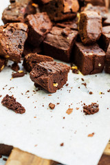 Chocolate brownies on wooden board