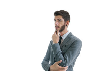 Business man thinking about something isolated on white