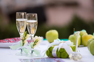 Champagne glasses on wedding table