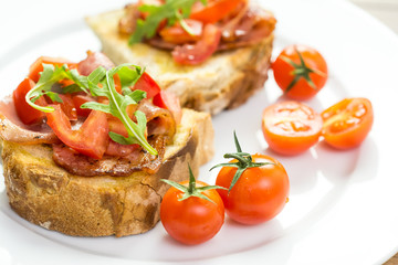 Bruschetta Grilled Bread, Prosciutto, Rucola And Cherry Tomatoes