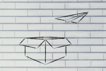 paper airplane flying our of a box: think outside the box
