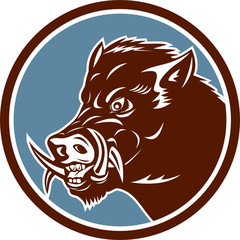 Wild Boar Razorback Head Side Circle Retro
