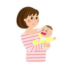 A confused young mom with a crying baby