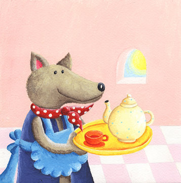 Cute wolf serving tea
