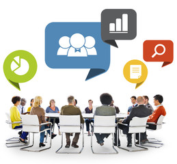 Group of People in Meeting with Speech Bubbles