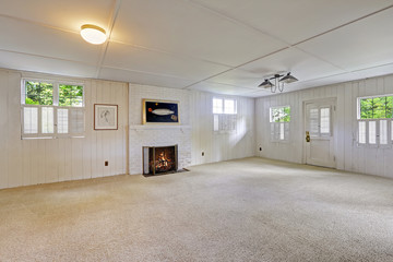 Empty basement room with fireplace