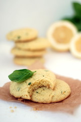 Lemon and basil cookies, selective focus