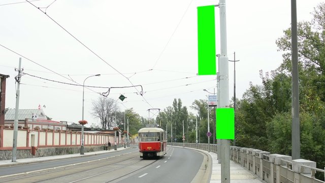 billboard - road and buildings - green screen - cars,people