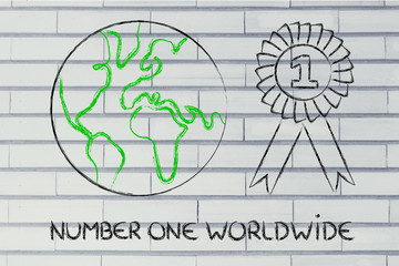 number one, design of the world with winner ribbon