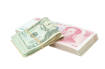 Obraz na płótnie Canvas Dollar USA and RMB Chinese isolated with clipping path.