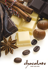 chocolates and spices on a white background