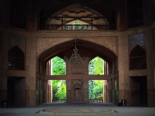 Hast Behesht palace interior and central chandelier in Isfahan