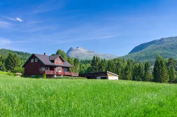 Fototapeten Typisches norwegisches Dorfhaus unter den Bergen © Piotr Wawrzyniuk