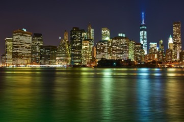 Lower Manhattan skyline view at night from Brooklyn