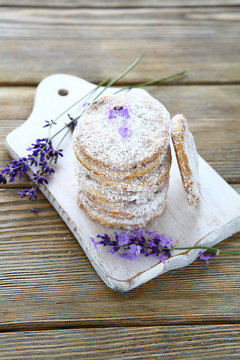 stack shortbread cookies and lavender flowers