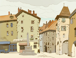 Sketch depicting traditional urban European landscape