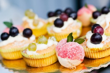 Collection of delicious dessert with fruits. Selective focus