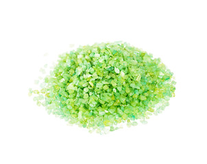 Green sea salt for bathing on a white background