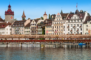Naklejka na ściany i meble Cityscape of Lucerne with Chapel bridge, Switzerland