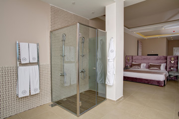 Luxurious Hotel Bedroom & Shower for honeymooners