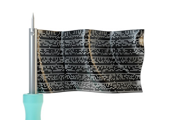 Electronic devices flag, soldering iron and chip isolated