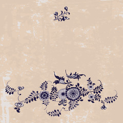 Vintage pattern, floral  elements in gzhel style,  grunge backgr