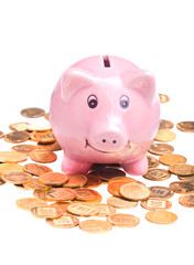 Piggy bank and golden coins