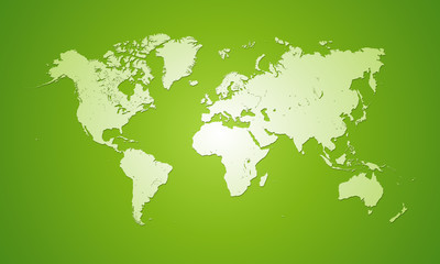White world map on green background.