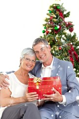 Obraz na płótnie Canvas Composite image of senior couple holding a christmas present