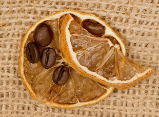lemons and coffee beans on burlap