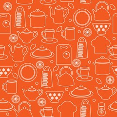 Seamless pattern of kitchen utensils in outline style