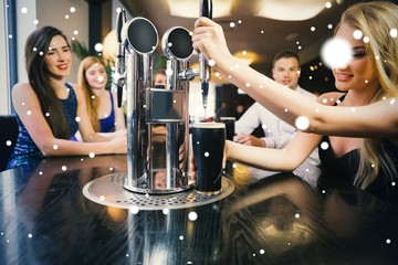 Plakat Composite image of blonde woman pulling a pint of stout