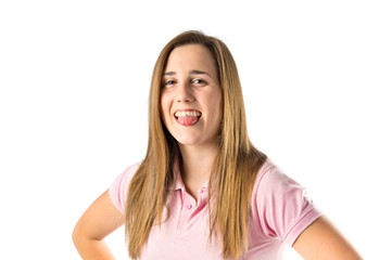 Girl doing a joke over isolated white background