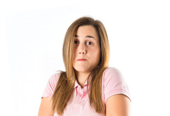 Girl having doubts over isolated white background