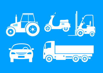 White vehicle icons on blue background