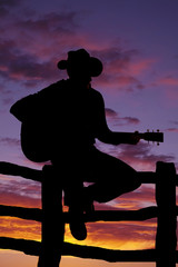 silhouette of man on fence with guitar