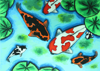 koi fish swiming in water painting background