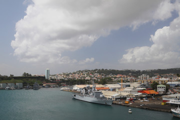 Naklejka premium Bay with warship. Fort-de-France, Martinique