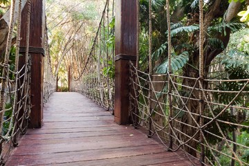 A long wooden suspension bridge in a forest