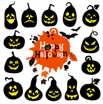 Halloween icon set of cheerful pumpkins.