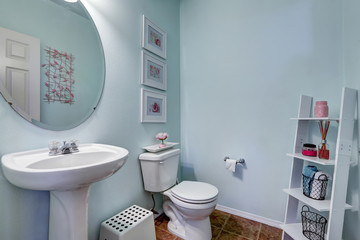 Light blue restroom with shelf