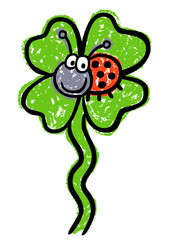 Marienkäfer auf vierblättrigem Kleeblatt, Kreidezeichnung