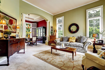 Luxury house interior. Light green family room
